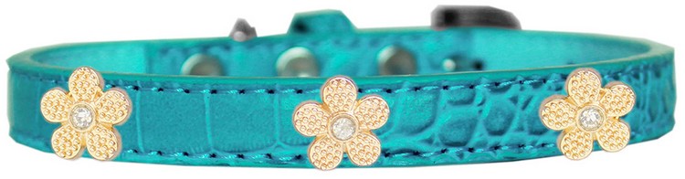 Gold Flower Widget Croc Dog Collar Turquoise Size 18